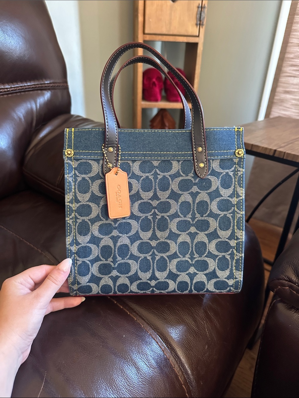 Coach Blue Denim Signature C Tote with Brown Leather Handles